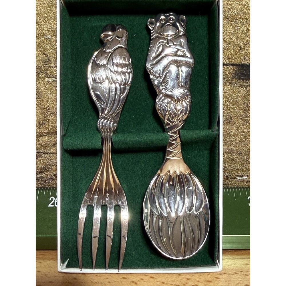 🔥 NEW-Reed & Barton  Safari  PARROT & MONKEY Silverplated Spoon & Fork 2 Pc